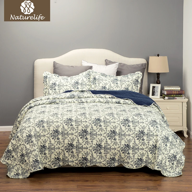 Naturelife Classical Quilt Coverlet Set Bedspread Bed Cover Floral Print Design Quilted Bedding