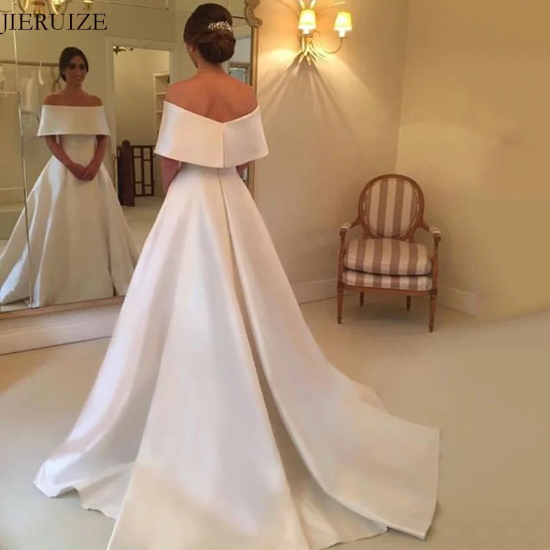 

JIERUIZE White Satin simple Wedding Dresses off the shoulder Bride Dresses Cheap Wedding Gowns