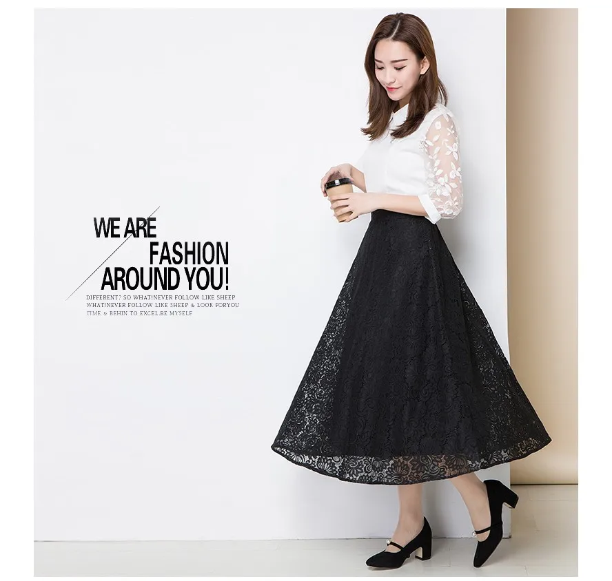 Кружевная Женская юбка средней длины, корейская мода, черная Лоскутная юбка с высокой талией, S-3XL размер, Осень-зима, Женская плиссированная юбка