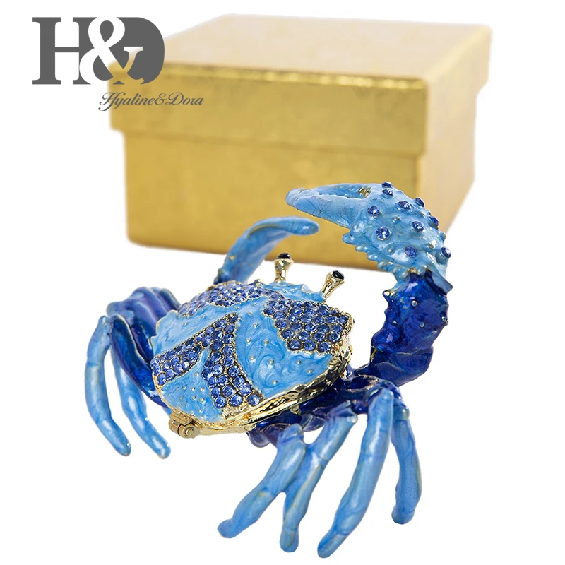 Goedkoop H   D Hand Geschilderd Geëmailleerd en Jeweled Krab Trinket Box Ring Houder Scharnierende Sieraden Collectible Beeldje met Geschenkdoos