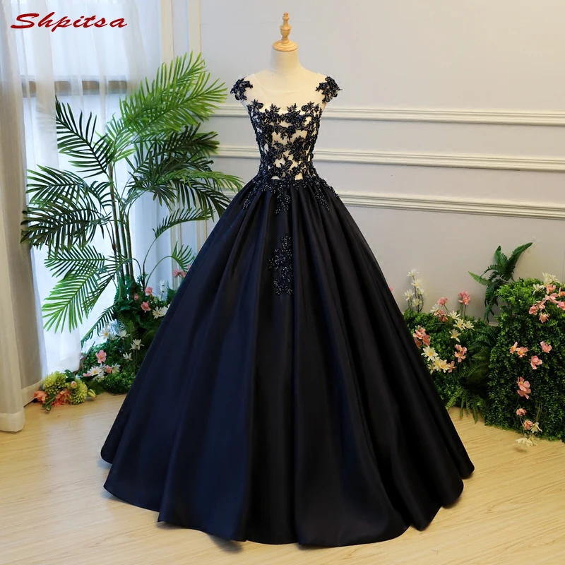 Темно синие пышные платья для Quinceanera 2018 Атласное Бальное платье принцессы