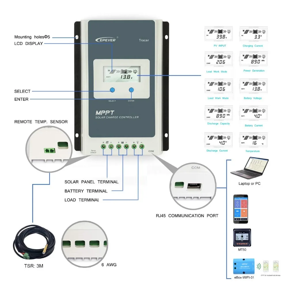 Controlador de Carga Apto para Bateria de Lítio Negativo à Terra Epever Mppt Solar 12 v - 24 Medidor Remoto Automático Mt50 Lcd 10a 20a 30a 40a 9 de carga solar 12 v 24 v