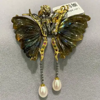 شراءالطبيعية شبه حجر كريم بروش فراشة دبابيس و قلادة مزدوجة استخدام 925 فضة الحشرات غرامة النساء مجوهرات فقط 1