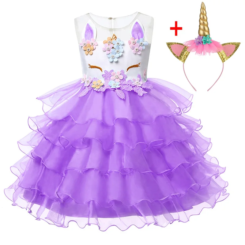 Платье Анны и Эльзы для девочек; карнавальный костюм единорога; Детские платья для девочек; платье для дня рождения; детское платье принцессы Снежной Королевы - Цвет: Purple