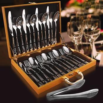 

European 24 Pcs Flatware Stainless Steel Set Fork Spoon Knife Set Kitchen Stainless Steel Cutlery Faqueiro Steak Knives WZN016