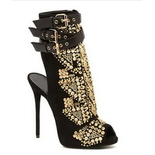 Харизматичный Женщины Золотые Заклепки Шипованных Ботильоны Сексуальные Тонкие Высокие Каблуки Пряжки Ремень Ботинес Peep Toe Гладиатор Сапоги Женщины