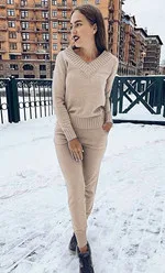 Mvgirlru/зимние женские комплекты, теплые шерстяные вязаные костюмы, свитер с длинным рукавом и v-образным вырезом+ штаны, свободный стильный комплект из 2 предметов, женская одежда