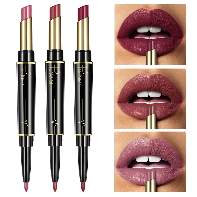 

Drop Shipping Matte Lipstick Waterproof Double Ended Long Lasting Lipsticks Lip Makeup Cosmetics Nude Dark Red Lips Liner Pencil