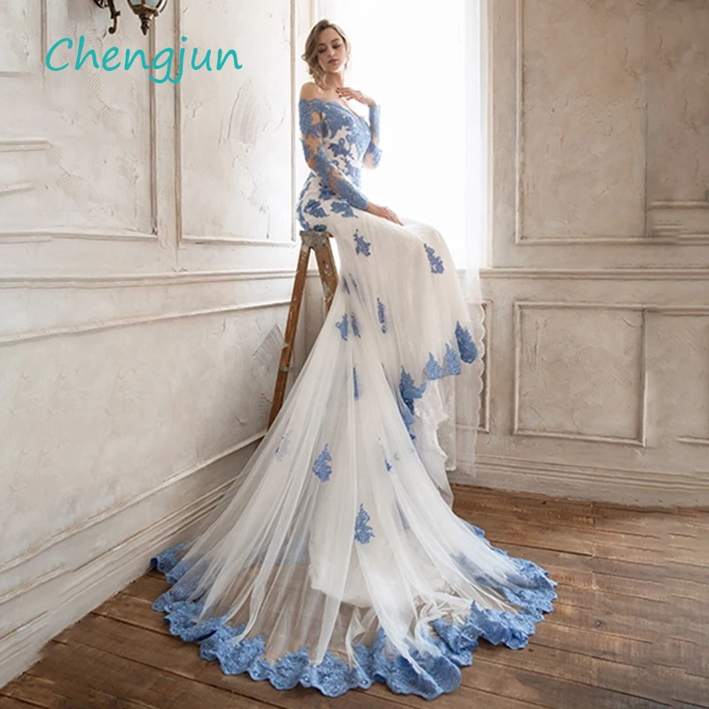 

Chengjun Sweetheart Blue Lace And Ivory Tulle Off Shoulder Mermaid Wedding Dress