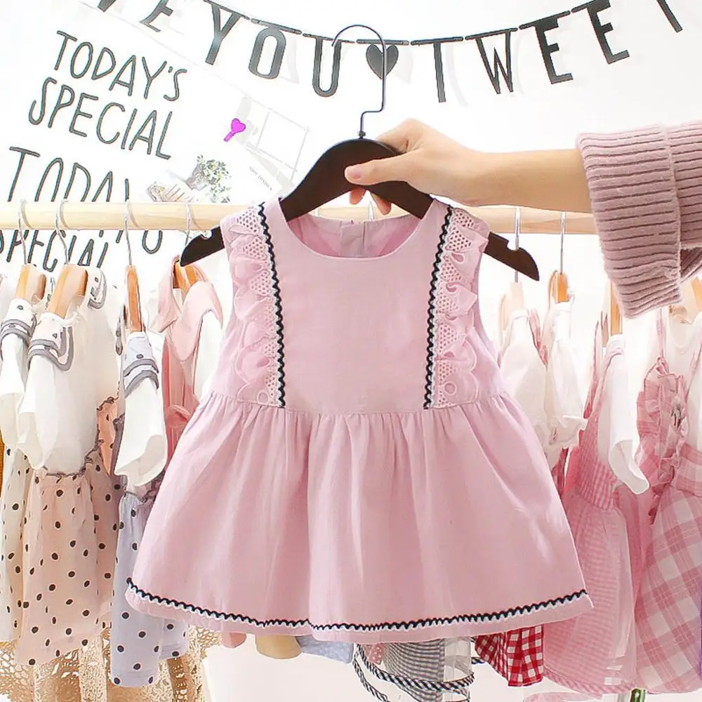 

Dress For Girls Infant Baby Girls Sleeveless Lace Solid Print Ruffles Princess Dresses New Korean Lace Pleated Dress vestido A1