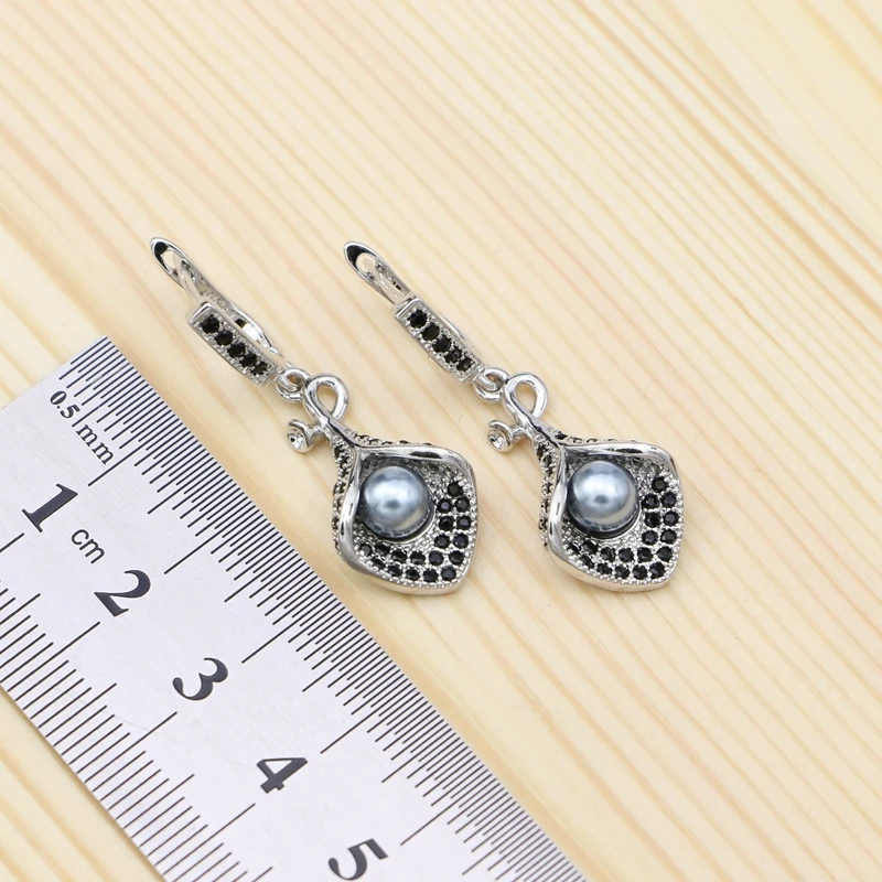 Tanie Szara perła 925 srebro biżuteria ustawia czarny cyrkonia dla kobiet Party Horn kształt spadek kolczyki otwarty wisiorek obrączka naszyjnik zestaw