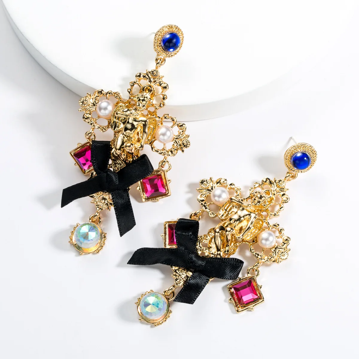 

JOUVAL Exaggerated Large Palace Bow Gold Cross Earrings For Women Luxury Crystal Drop Earring Dangle Pearl Stones Female Jewelry