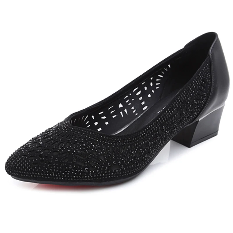 Women Pumps Shoes Summer Fashion Cut-outs Crystal Casual High Heels Genuine Leather