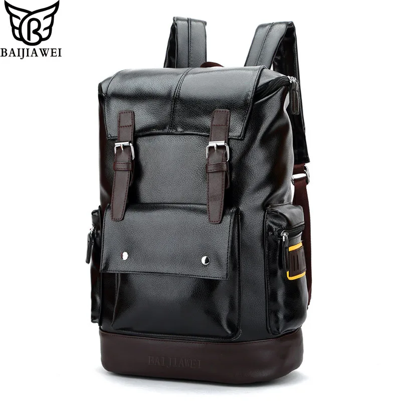 

BAIJIAWEI 2019 New Men Backpacks High Grade PU Leather Fashion Travel Bags Big Capacity 15.6 inch Laptop Backpack Mochila Zip