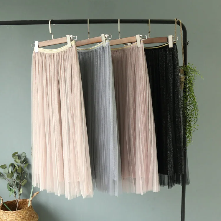

ALPHALMODA New Spring Fairy Shining Skirts Women Pleated Mid-calf Long Skirts Ladies Summer Fashion Sparkling Skirts