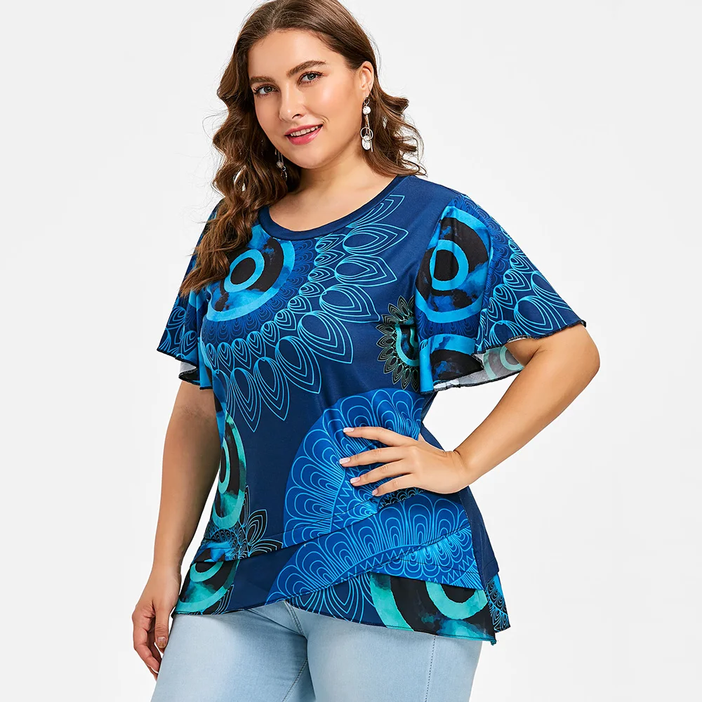 AZULINA Plus Size Print Flutter Sleeve Overlap T-Shirt Women T Shirt 2018 O Neck Short Sleeve Tops Tees Big Size Ladies Clothes