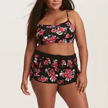 

Women High Waist Boxer Shorts Swimsuit Plus Size Bikini Set 2019 Skull Floral Print Swimwear Fat Female Tankini Bathing Suit