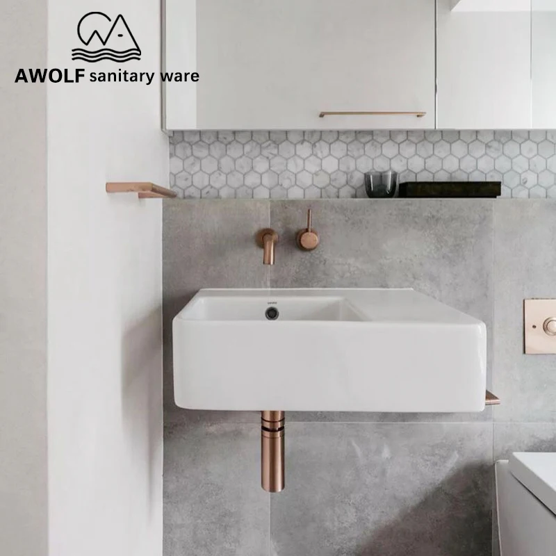 Online Wand Montiert Auslauf Becken Wasserhahn Solide Messing Gebürstet Rose Gold Bad Badewanne Dusche Mischbatterie Für Lavatary Waschbecken ML8033