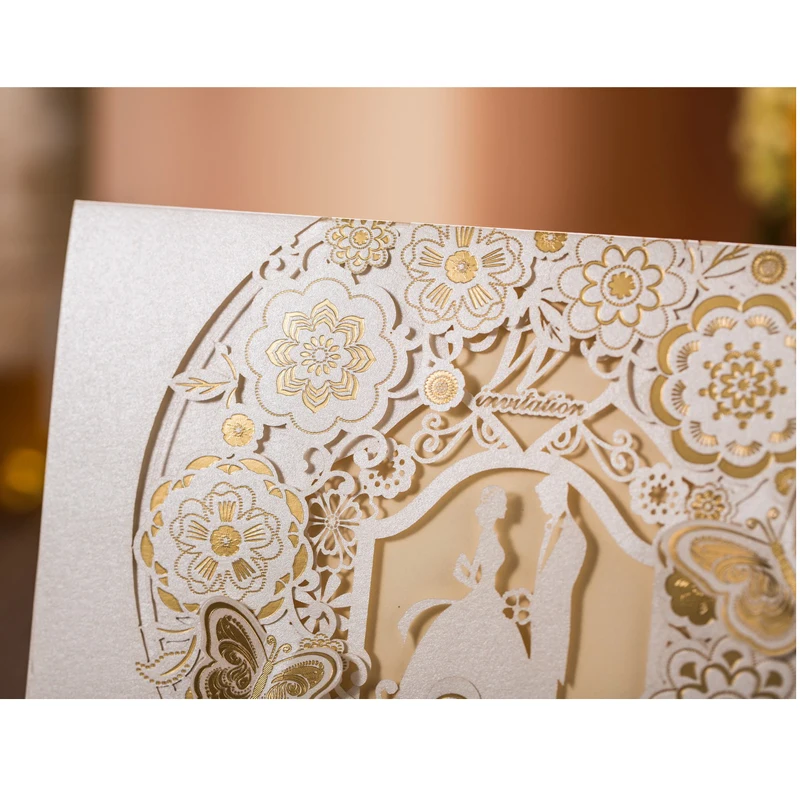 50pcs WhiteGold Bride and Groom Laser Cut Wedding Invitations Card Butterfly Elegant  Wedding Engagement Event & Party Supplies (4)