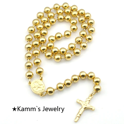 Промо-акция! Модное Золотое розарийное ожерелье торговля нержавеющая сталь бисер крест ожерелье с четками Женщины Мужчины ювелирные изделия KN087A