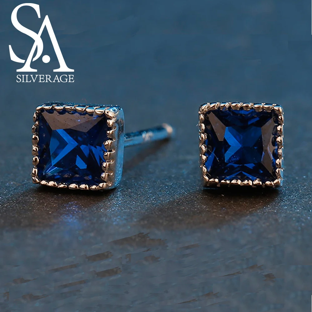 SA SILVERAGE 925 стерлингового серебра серьги стержня для Для женщин Fine Jewelry зеленый сине-белые камни Серебряные серьги женские серебряные серьги