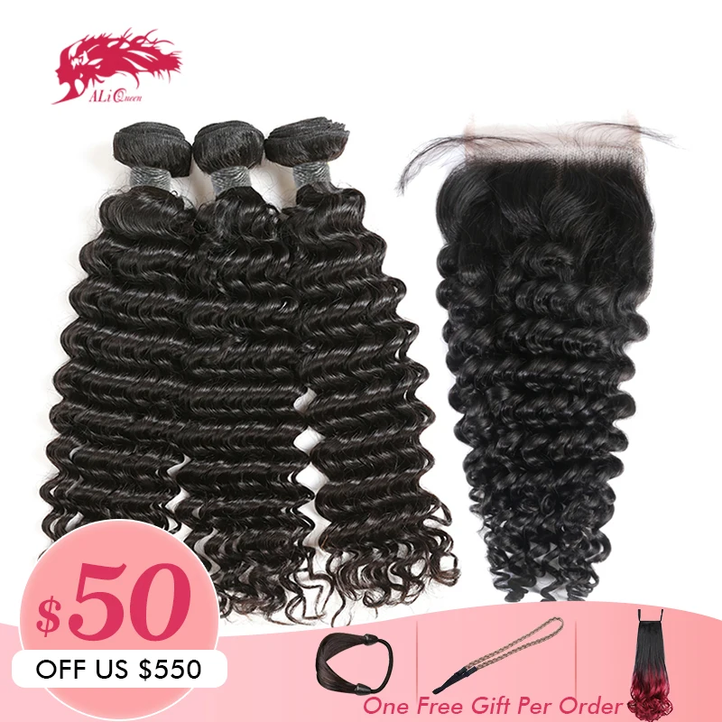 

Ali Queen Hair Products 3Pcs Peruvian Deep Wave Hair Bundle With Swiss Lace Closure Free Part Natural Color Remy Human Hair