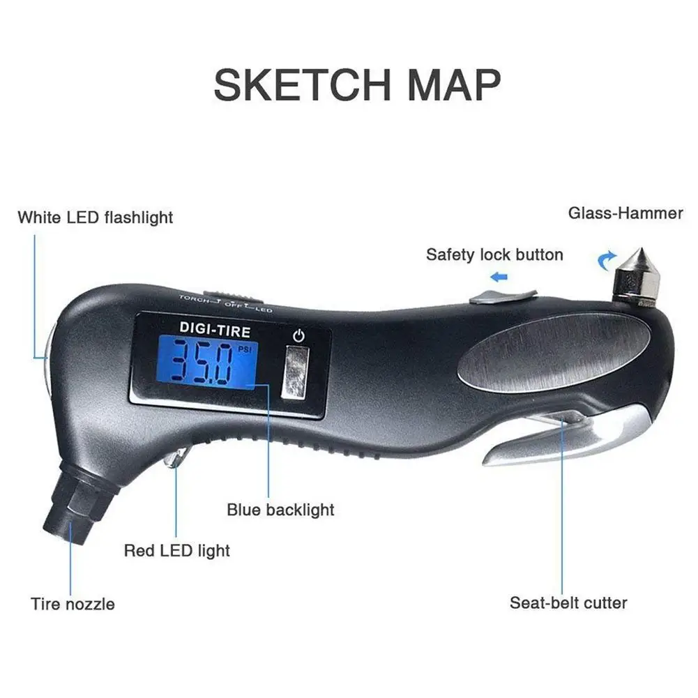 Цифровой Давление, 150PSI с 5 в 1 спасения инструменты светодио дный фонарик, молоток для разбивания стекла автомобиля, резак ремней