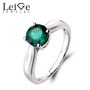 

Leige Jewelry Engagement Ring Lab Emerald Ring Green Gemstone Round Cut 925 Sterling Silver Ring May Birthstone Solitaire Ring