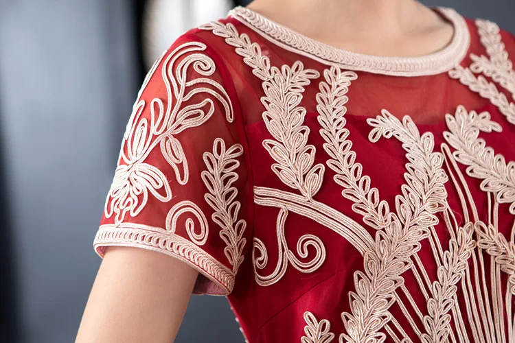 Vestidos De Festa осенние элегантные вечерние женские с круглым вырезом ткань с аппликациями вышивка короткий рукав тонкий приталенное платье А-силуэта XXL