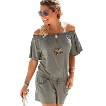 

Women Casual Beach Jumpsuit Off Shoulder Short Sleeve Mini Playsuit Summer Party Shorts Bodysuits Beach Coveralls Female Frock