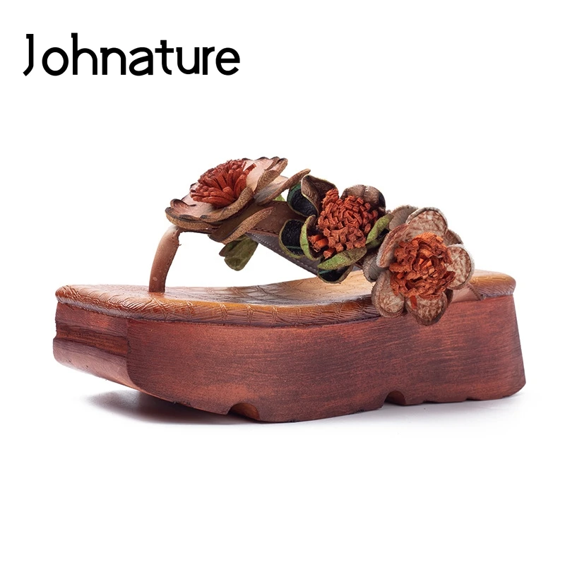 

Johnature Genuine Leather Casual Slippers Floral Summer Flip Flops Outside Fashion Flat With Platform Sandals Slides Women Shoes