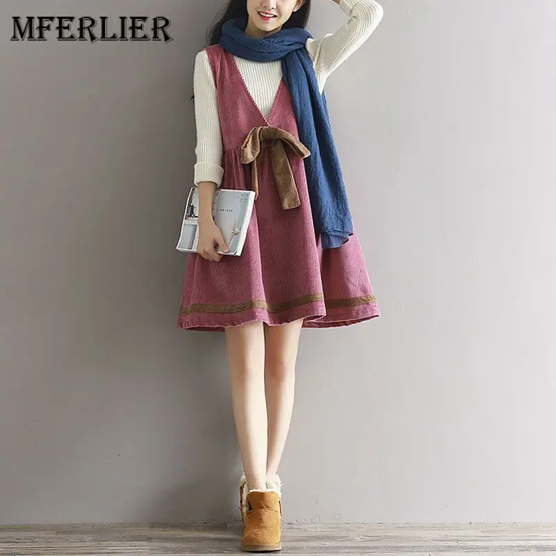 

Mferlier Autumn Winter Corduroy Dress Thick Off Shoulder V Neck Sleeveless Bow Pleated Dresses High Waist Sweet Khaki Pink Dress