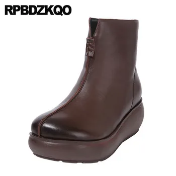 

Side Zip Boots Ankle Sheepskin Brown High Heel Luxury Real Fur Fall Elevator Flatform Women Muffin Platform Harajuku Shoes Wedge