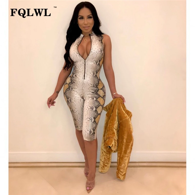 

FQLWL Streetwear Snake Print Bodycon Sexy Jumpsuit Women Playsuit Zipper Sleeveless V Neck Summer Rompers Womens Jumpsuit Short