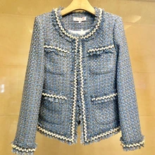 Женская одежда, брендовый стиль, жемчужный бисер, четыре больших кармана, дизайнерская, модная, формальная, твидовая, с кисточками, короткая куртка, костюм, пальто