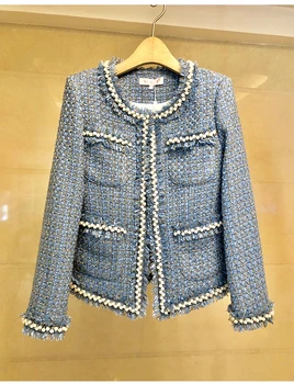 

Wholesale Clothing Women Brand Style Pearl Beading Four Big Pockets Design Fashion Formal Tweed Tassel Short Suit Jacket Coats