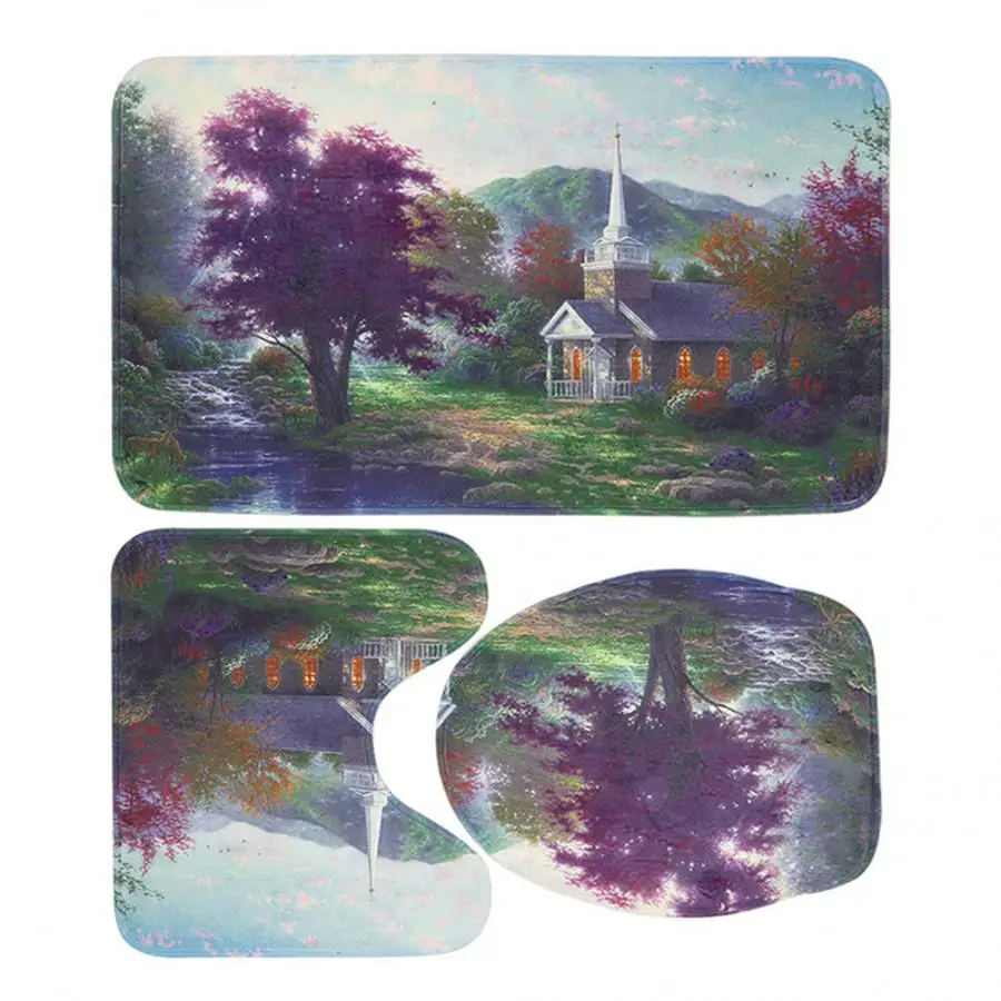 3pcs Flower Prints Pattern Bathroom Non-Slip Mats Shower Mats Set Toilet Mat U-shape Mat