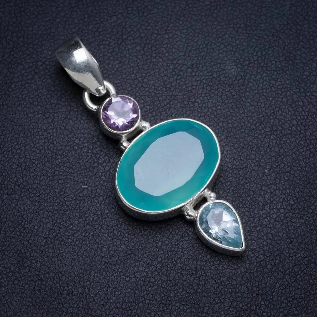 

Natural Chalcedony Blue Topaz and Amethyst Handmade Unique 925 Sterling Silver Pendant 1.75" X0117
