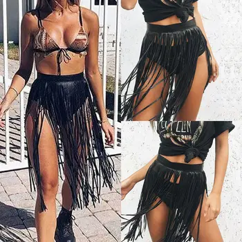 

New Hippie Boho Women Fringe Tassel PU Leather Summer Bikini Bottom Cover Ups Belt Waist Long Belt Mini Black Beach Dress