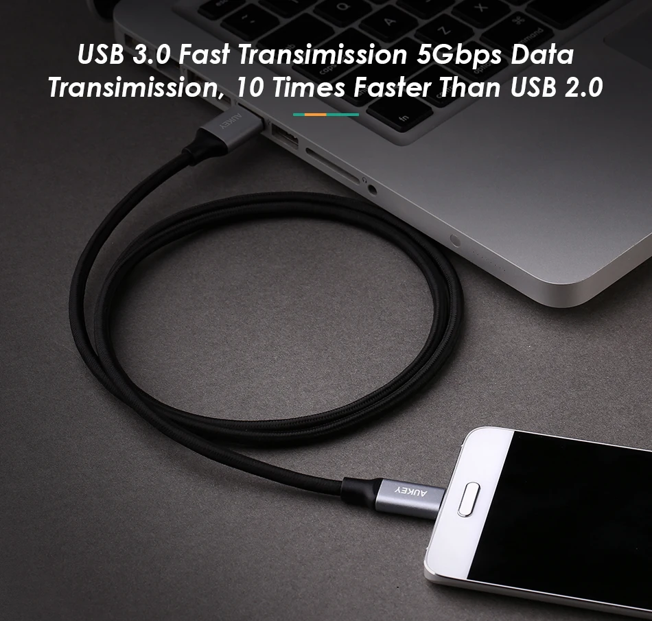 AUKEY de 3A USB tipo C Cable USB trenzado C teléfono móvil rápido de tipo-C Cable de cargador de datos para Samsung Galaxy S9 S8 Nota 8 Xiaomi USB-C