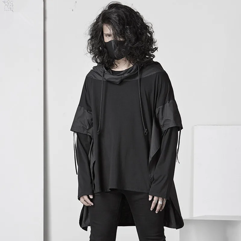 

Bat Sleeve T-Shirt Dark Black Hooded Cloak Nightclub Stage Wear Men Gothic Fake Two Pieces Mens T Shirts Fashion 2018 Streetwear