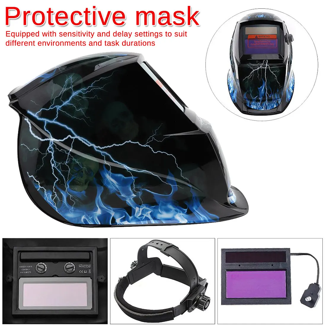 

Solar Welder Mask Helmet Auto-Darkening Welding UV/IR Protective Gear Skull God+Flash light