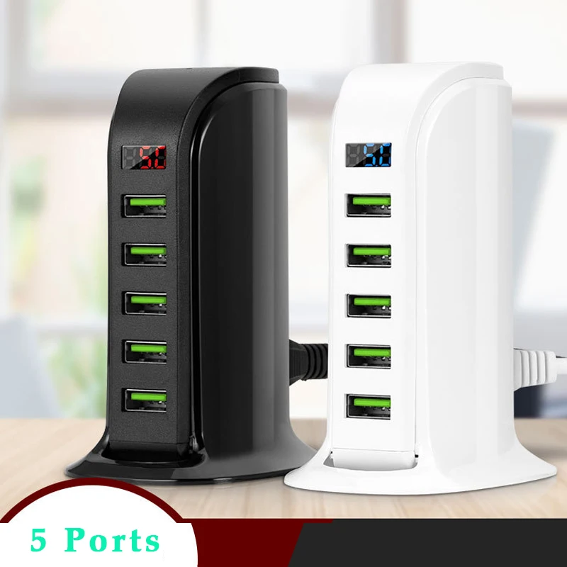 

5 Ports Multi USB Charger EU US Plug HUB LED Display USB Charging Station Dock Universal Mobile Phone Desktop Wall Home Charger