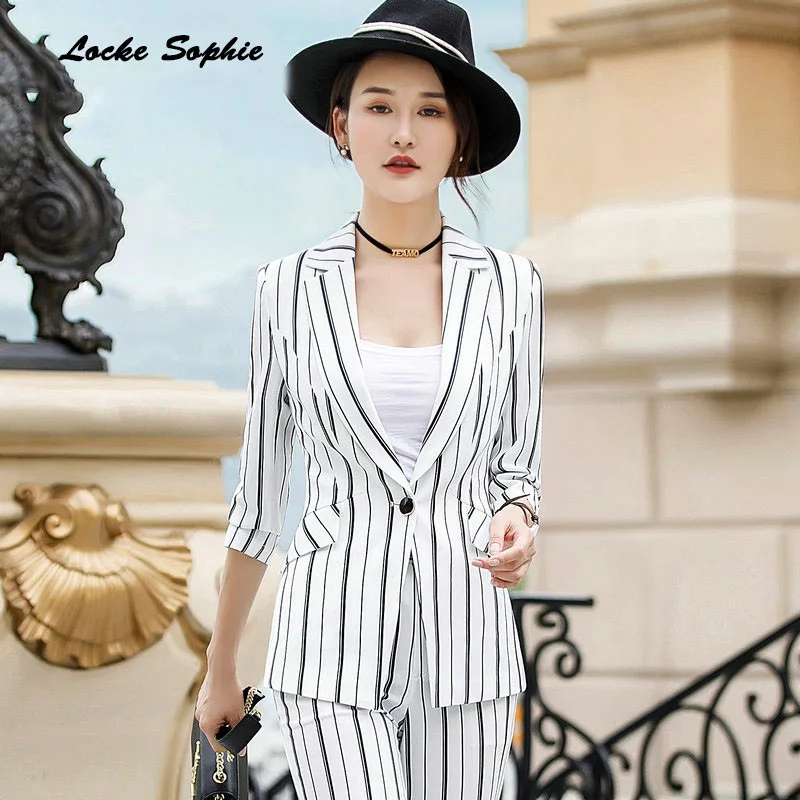 1pcs Women's Plus size Blazers coats 2019Summer cotton blend stripe Middle sleeve Small Suits jackets ladies Skinny Blazers Suit