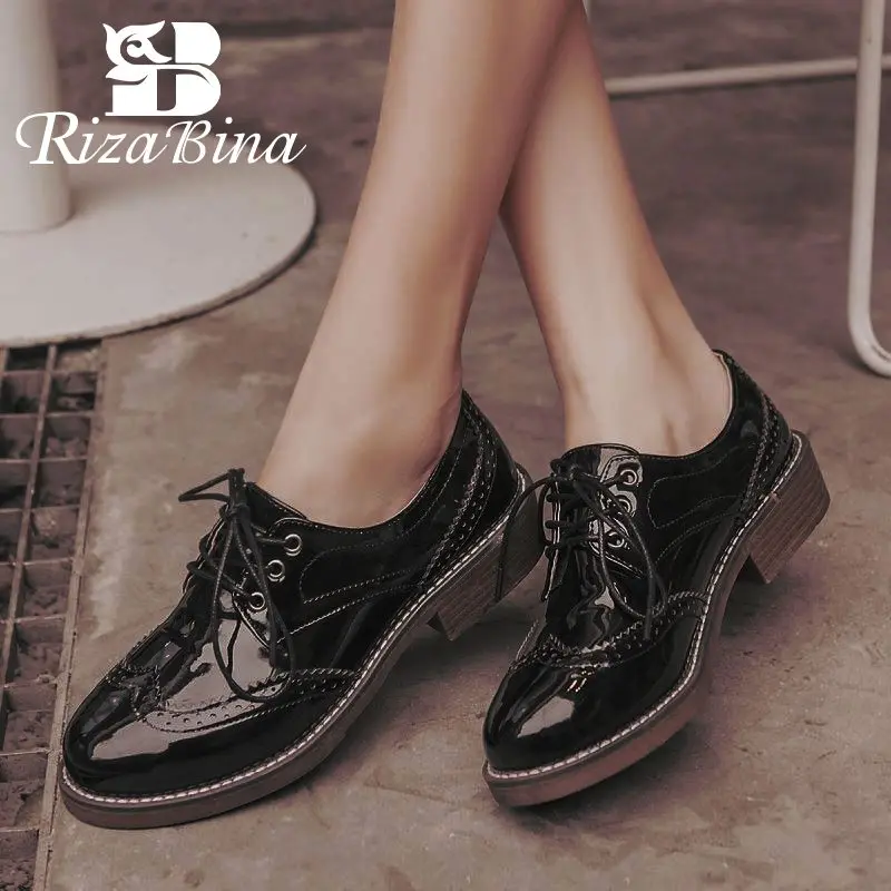 

RIZABINA British Style Women Flats Shoes Lace Up Round Toe Vintage Oxford Shoes Daily Leisure Women Footwear Size 33-43