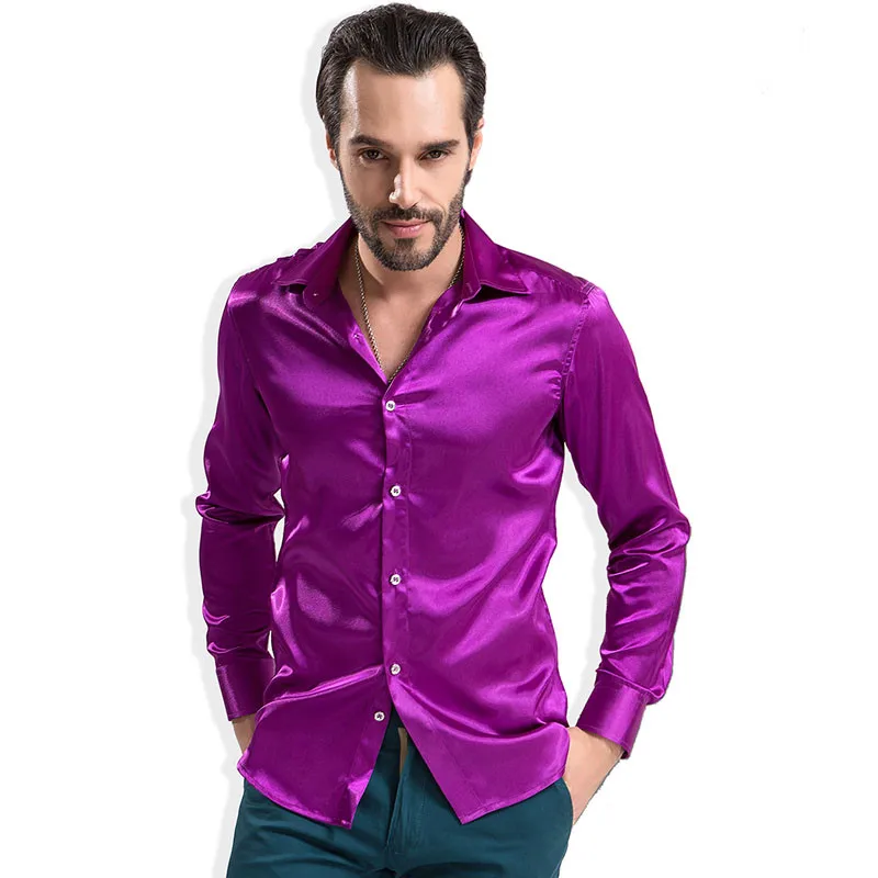 Luxury Clothing Shirt Men Brand Satin Silk Wedding Shirt Attend Party Bridegroom Shiny Dress Plain White Tuxedo For Men