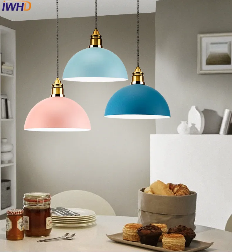 IWHD железная Подвесная лампа, одиночные современные подвесные светильники, светодиодные креативные цветные светильники в стиле АР-деко, подвесные светильники, кухонные лампы