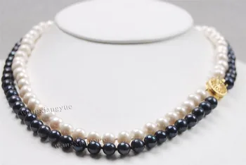 

European style lady's2Rows 7-8mm Black /White Akoya Cultured Pearl Clasp Necklace GP wholesale women's jewelry