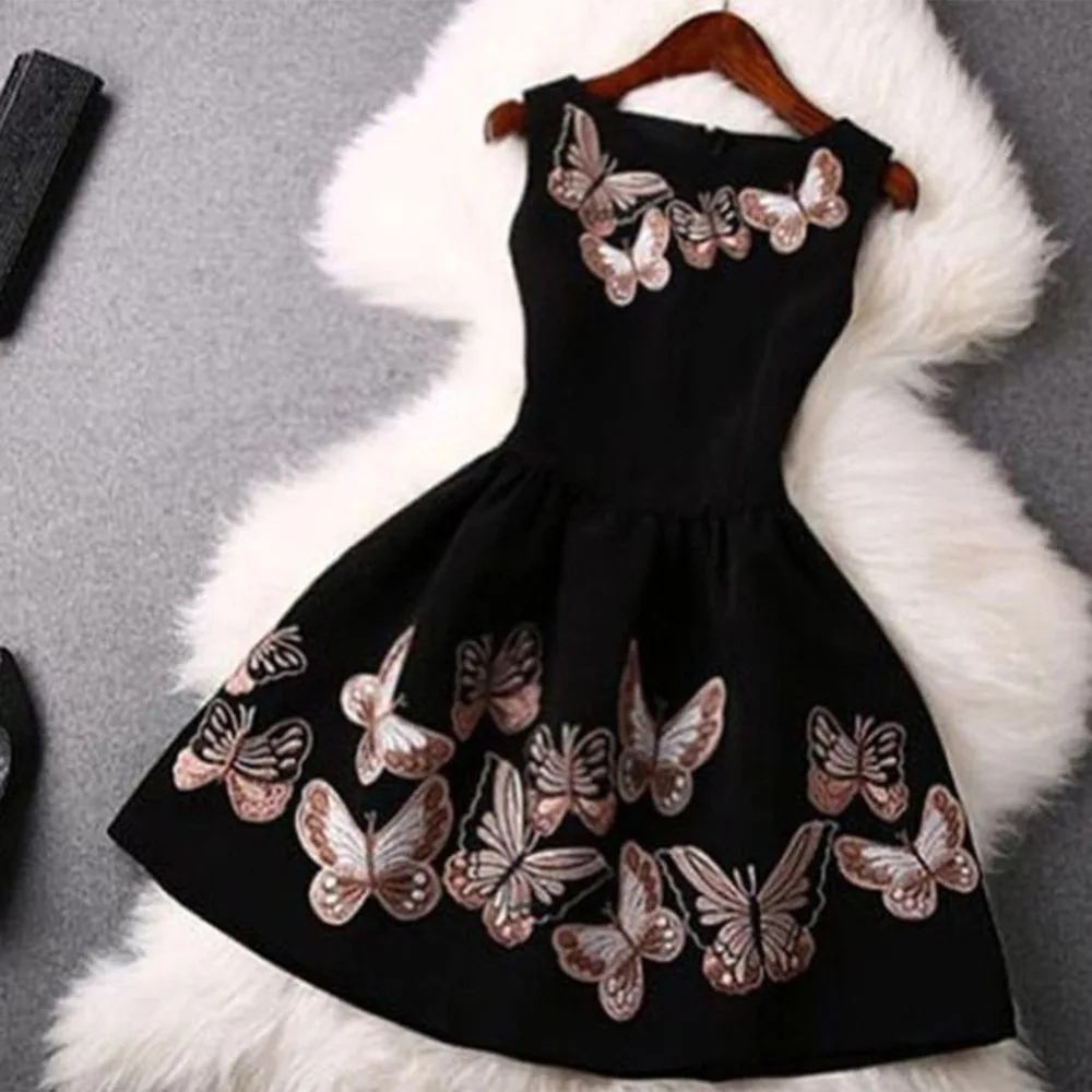 

Round neck high waist lady butterfly print sleeveless skirt large swing Slim Waist Skirts Elegant Women Skirt