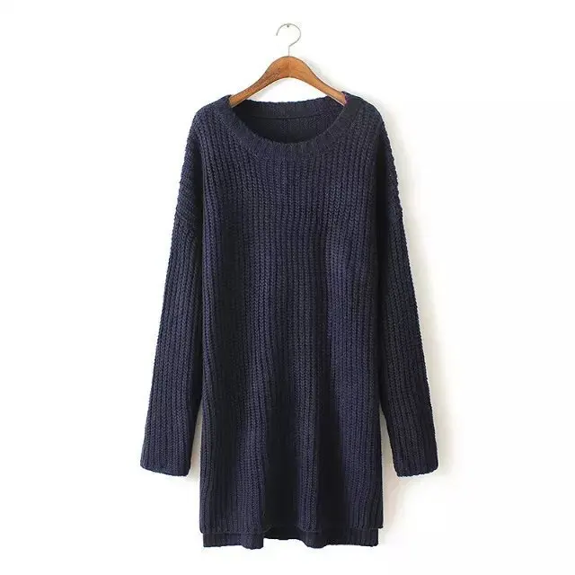 Europen Women Autumn Winter Long Pull Sweaters O neck Side Split Oversize Knitted Sweater Pullovers Fall Thick Sweaters - Цвет: WM66820 Navy